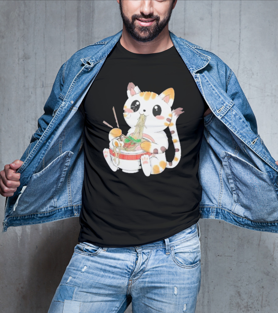 Kawaii Neko Eating Ramen In Cute Cartoon T-Shirt