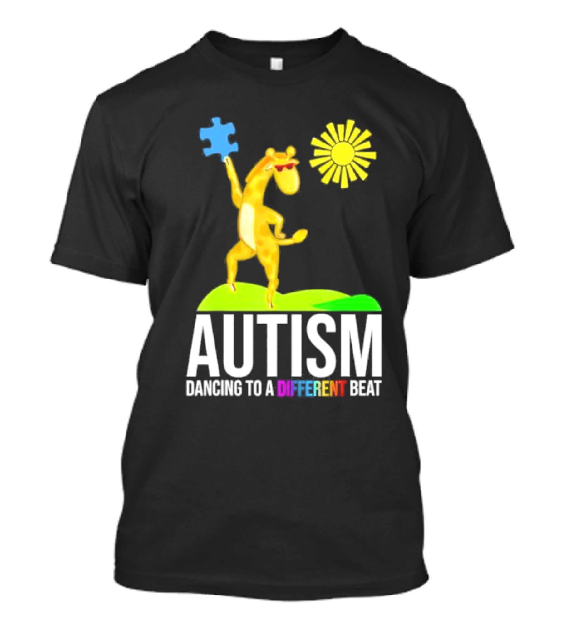 Giraffe With Puzzle Piece And Sun Celebrating Autism Dancing To A Different Beat T-Shirt