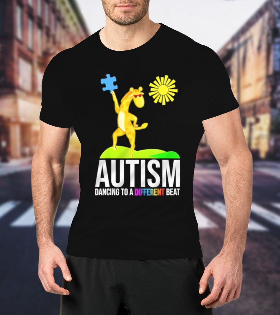 Giraffe With Puzzle Piece And Sun Celebrating Autism Dancing To A Different Beat T-Shirt