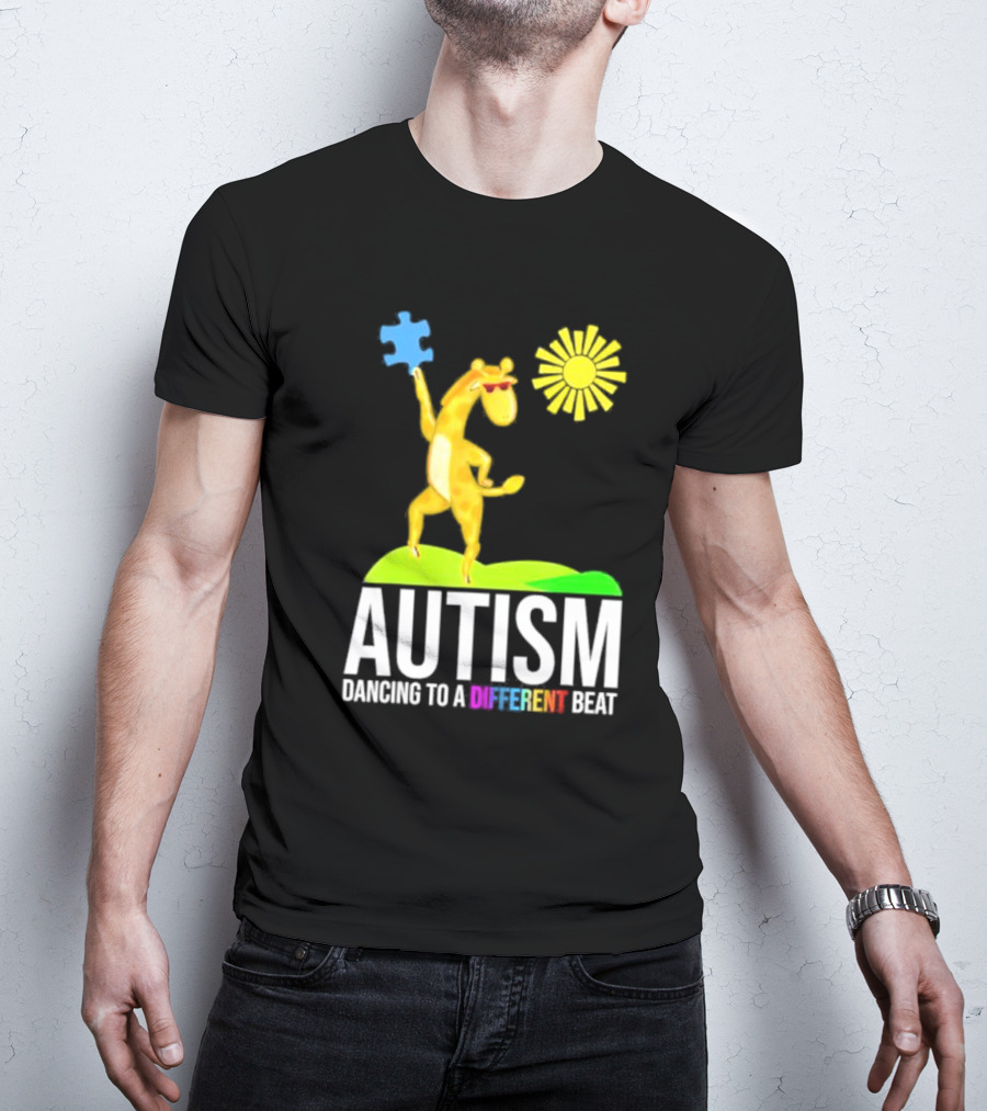 Giraffe With Puzzle Piece And Sun Celebrating Autism Dancing To A Different Beat T-Shirt