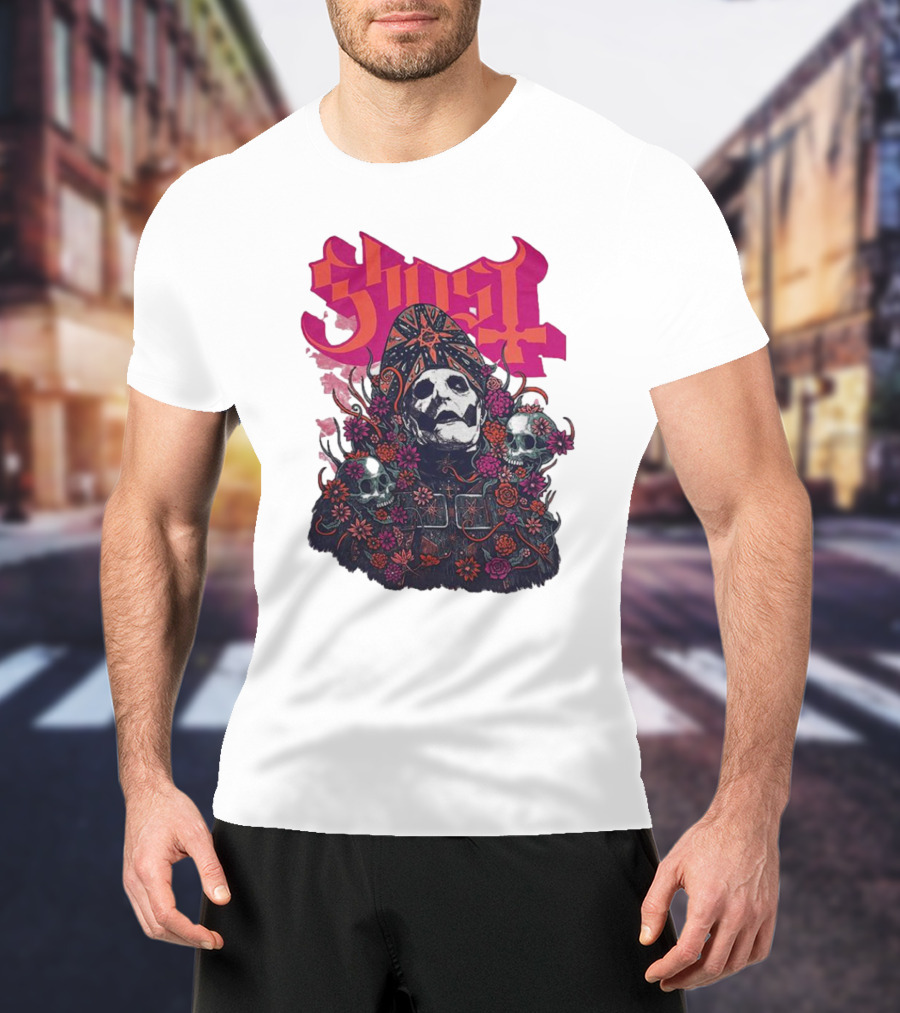 Ghost Skull In Floral Bliss Pink Crystal Wash T-Shirt