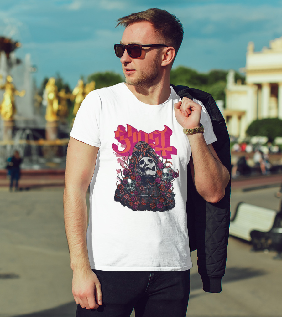 Ghost Skull In Floral Bliss Pink Crystal Wash T-Shirt