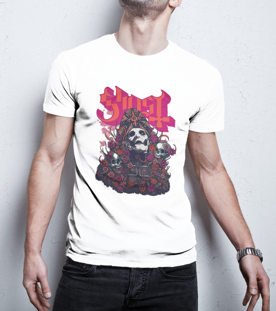 Ghost Skull In Floral Bliss Pink Crystal Wash T-Shirt