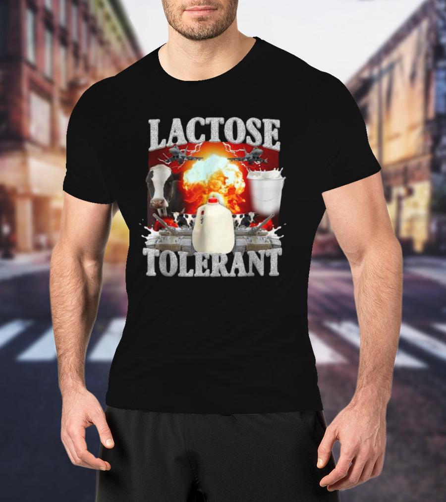 LACTOSE TOLERANT Milk Explosion Cow Jug Planes Battle Scene T-Shirt