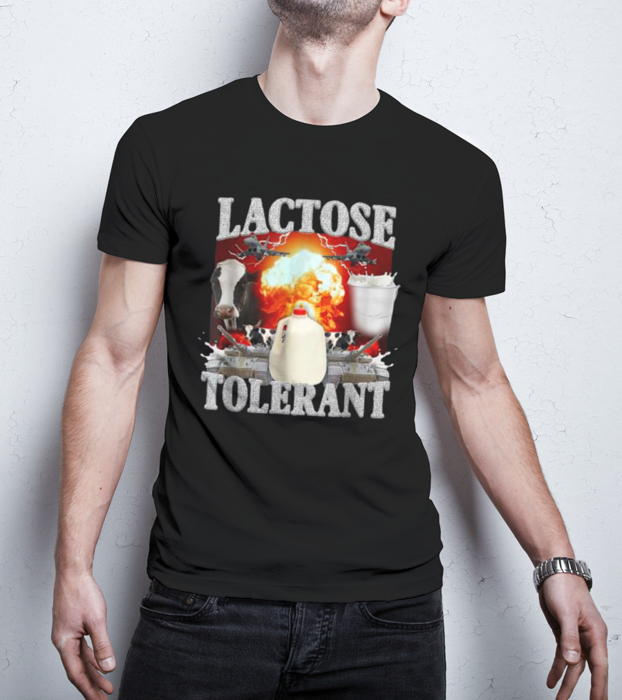 LACTOSE TOLERANT Milk Explosion Cow Jug Planes Battle Scene T-Shirt