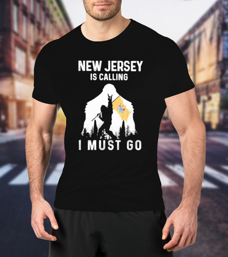 New Jersey Is Calling I Must Go Bigfoot Holding New Jersey Flag T-Shirt