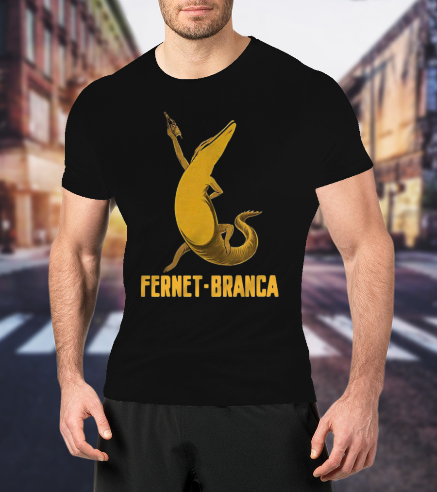 Fernet Branca Crocodile Holding Bottle Iconic Beverage T-Shirt