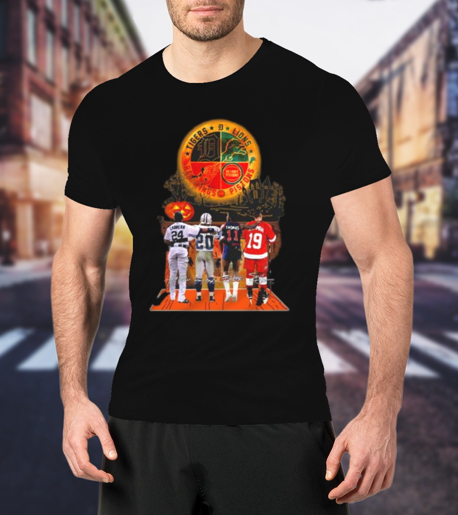 Detroit Tigers Lions Pistons Red Wings Halloween Signatures Cabrera Sanders Thomas Yzerman T-Shirt