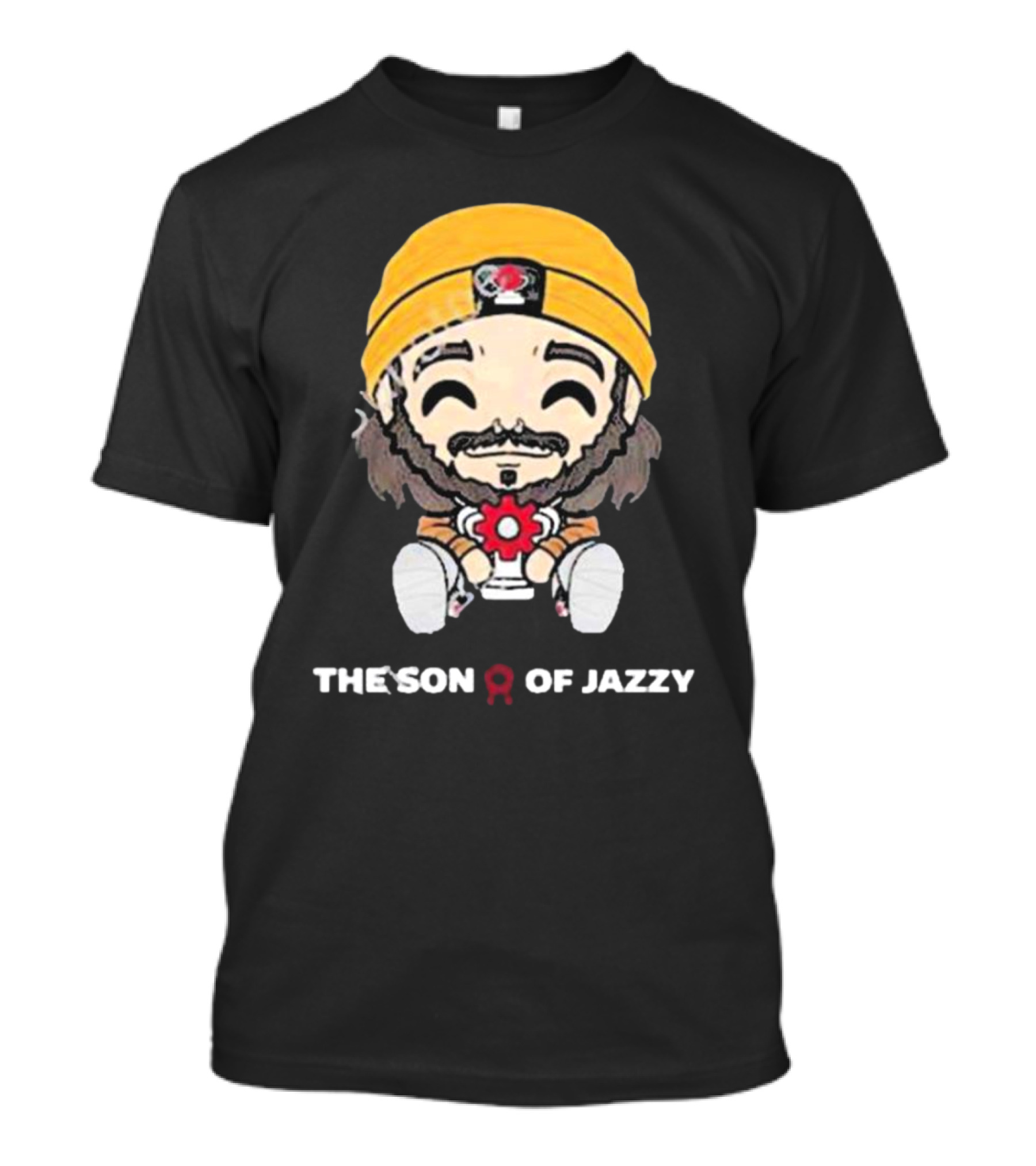 Son Of Jazzy Whimsical Cartoon Character With Yellow Beanie And Flower T-Shirt