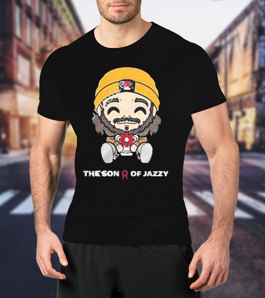 Son Of Jazzy Whimsical Cartoon Character With Yellow Beanie And Flower T-Shirt