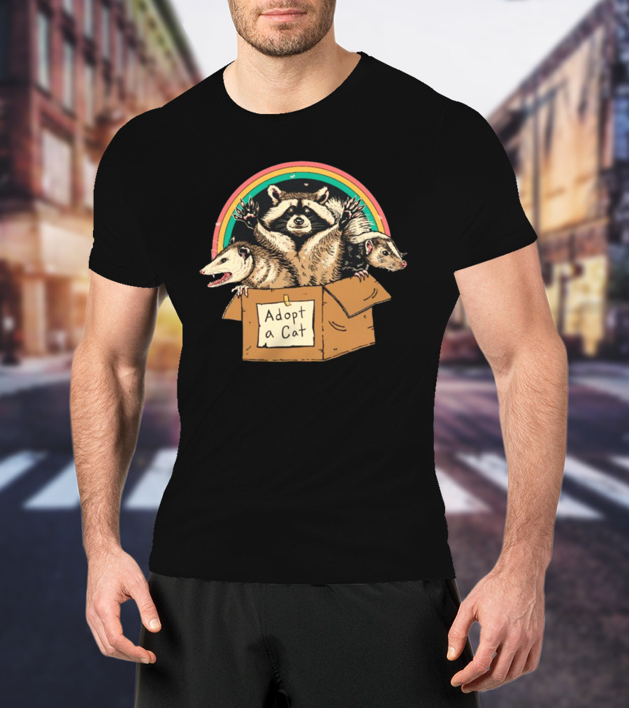 Wicked Clothes Adopt A Cat Raccoon And Opossum In Cardboard Box Rainbow T-Shirt