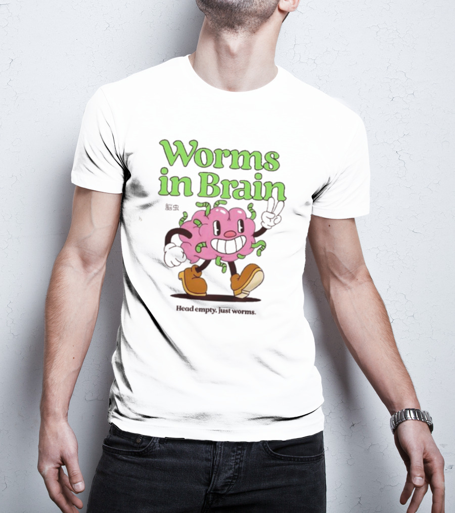 Worms In Brain Head Empty Just Worms Cartoon Brain Peace Sign T-Shirt