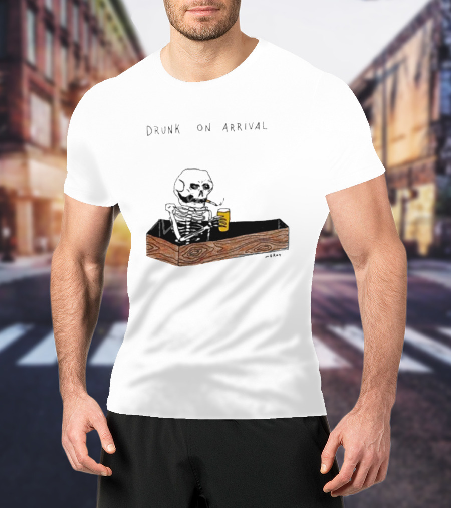 Matt Gray Drunk On Arrival Skeleton In Coffin Holding Drink T-Shirt