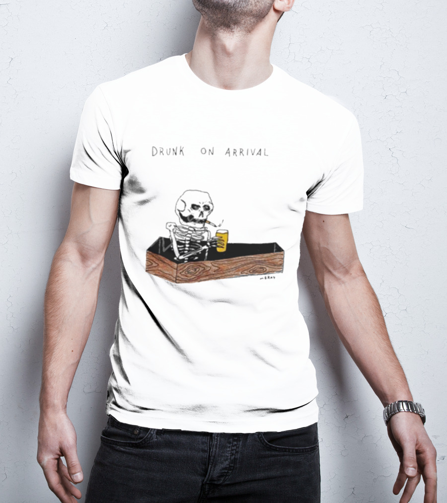 Matt Gray Drunk On Arrival Skeleton In Coffin Holding Drink T-Shirt