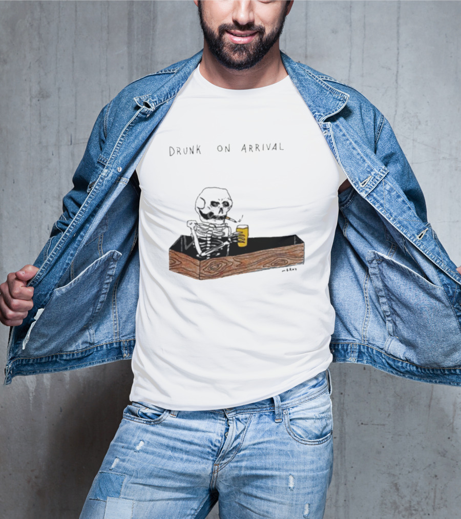 Matt Gray Drunk On Arrival Skeleton In Coffin Holding Drink T-Shirt