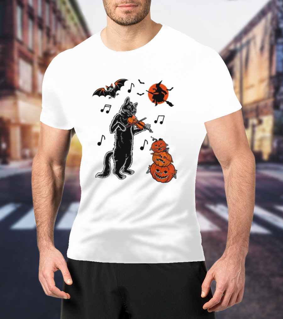 Black Cat Playing Violin With Witch, Devilish Bat, And Stacked Pumpkins Halloween T-Shirt