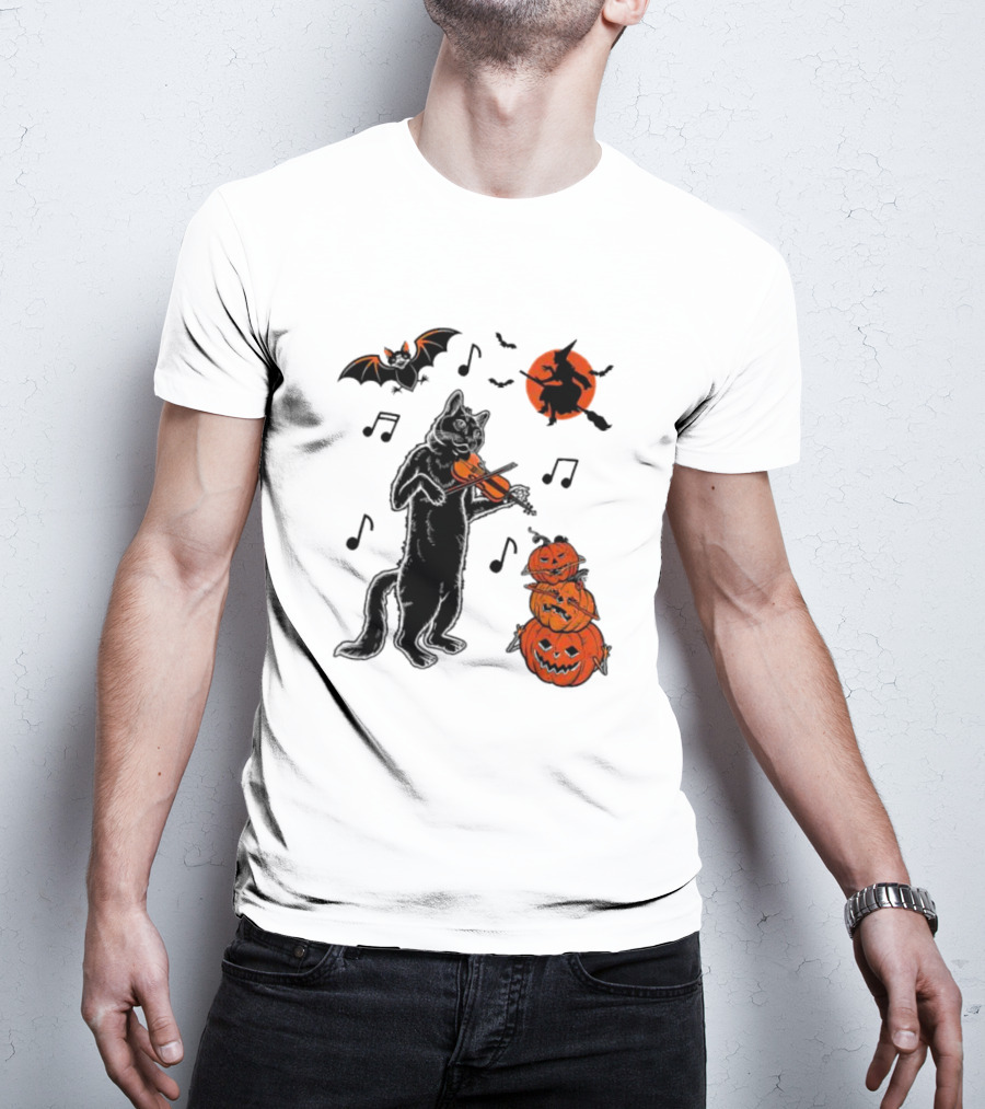 Black Cat Playing Violin With Witch, Devilish Bat, And Stacked Pumpkins Halloween T-Shirt