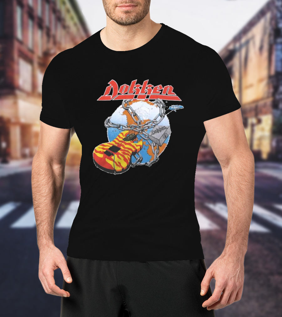 1980s Dokken Rokken With Dokken Flaming Guitar Chained To Globe T-Shirt