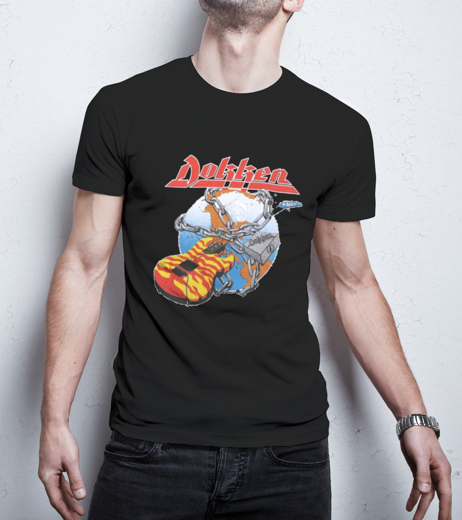 1980s Dokken Rokken With Dokken Flaming Guitar Chained To Globe T-Shirt