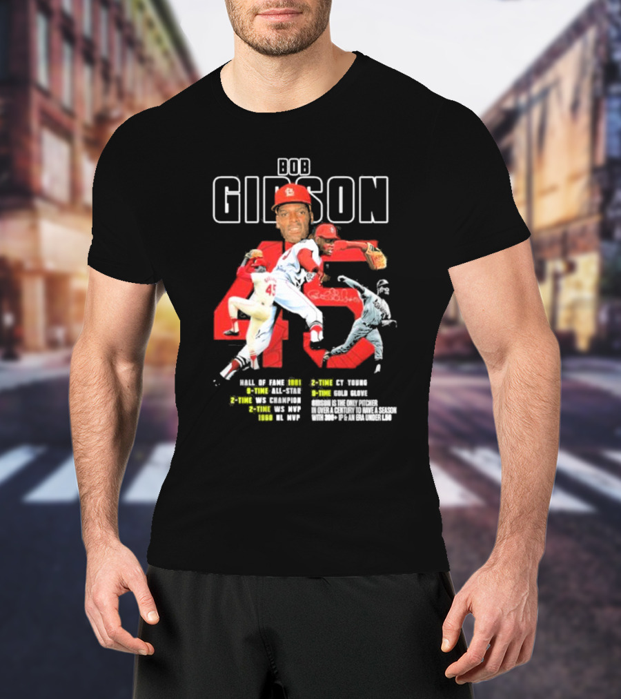 Bob Gibson St Louis Cardinals Hall Of Fame MLB Legend Pitcher Career Highlights 45 T-Shirt