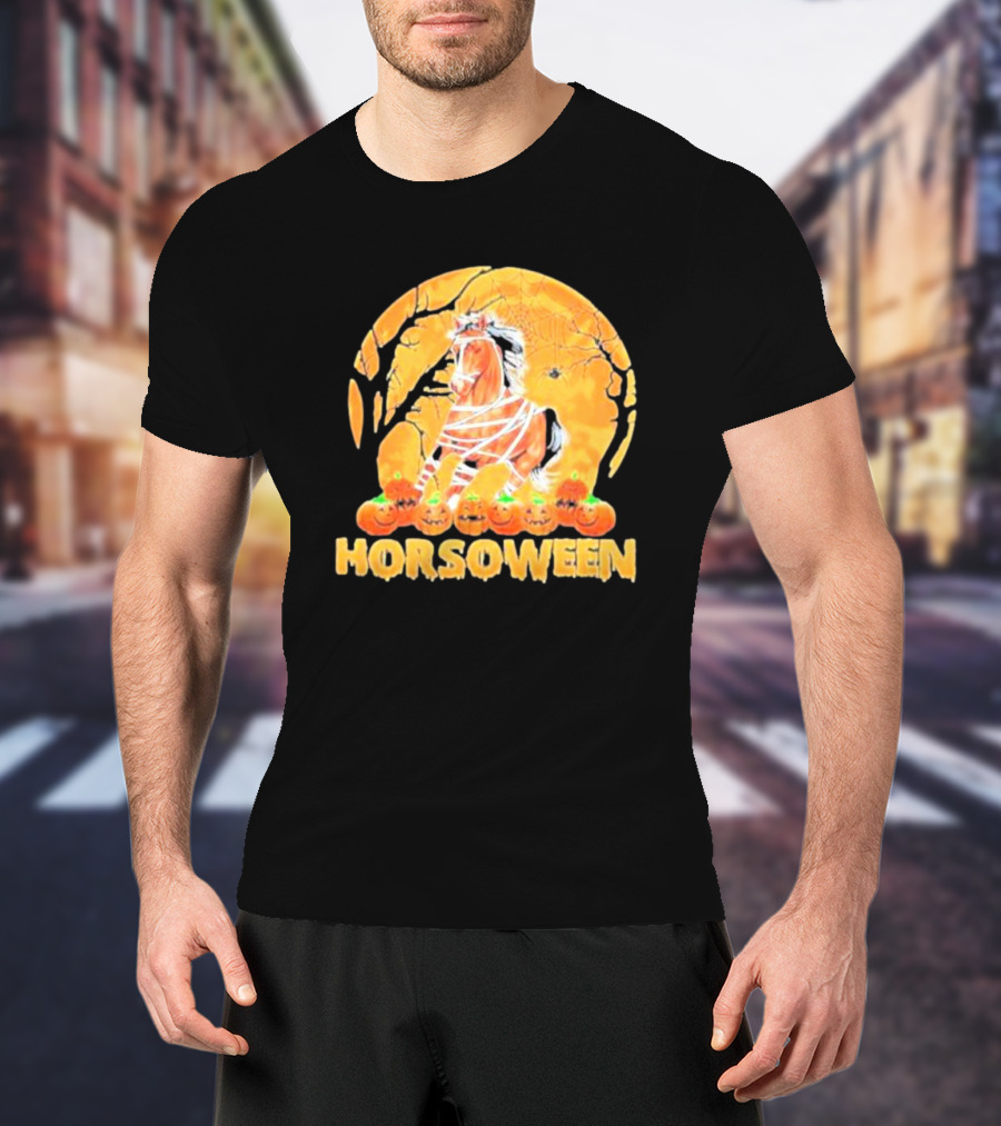 Horsoween Bandaged Horse Spider Web Haunted Pumpkins Red Moon Halloween T-Shirt