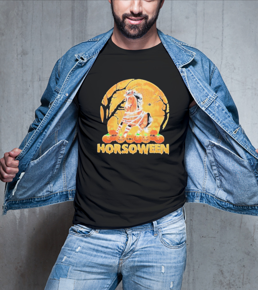 Horsoween Bandaged Horse Spider Web Haunted Pumpkins Red Moon Halloween T-Shirt
