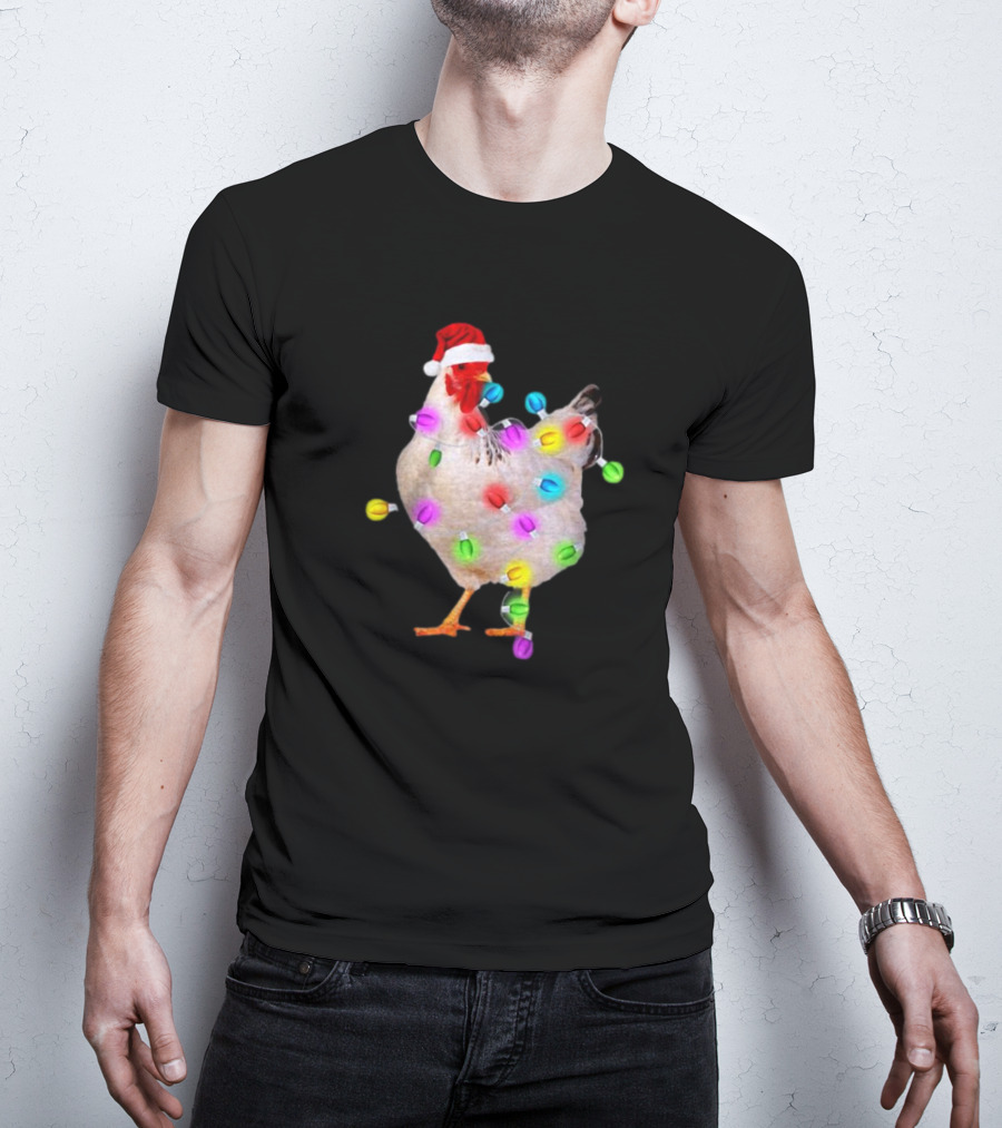 Chicken In Santa Hat With Colorful Christmas Lights T-Shirt