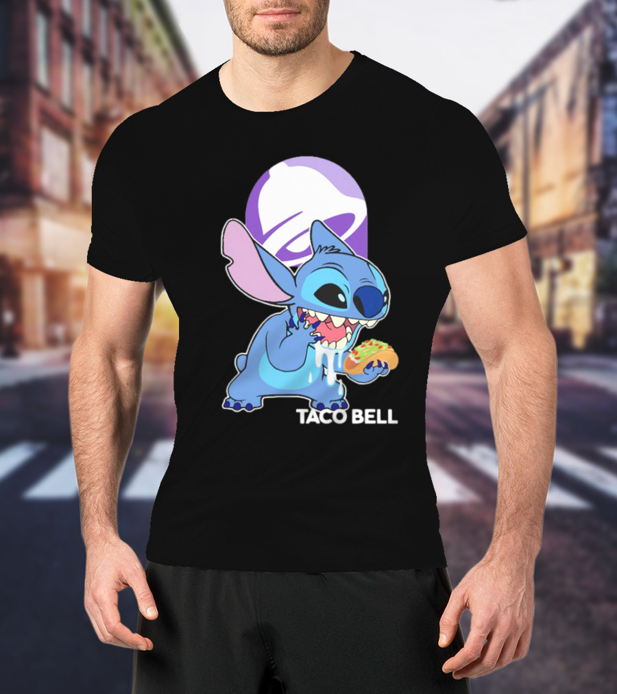 Stitch Eating Taco Bell Tacos With Logo Background T-Shirt