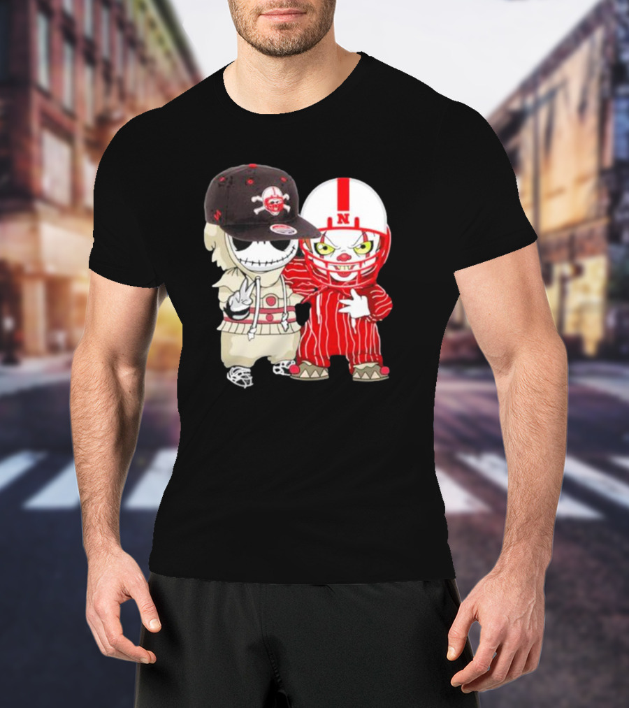 Baby Jack Skellington And Pennywise Nebraska Cornhuskers Halloween Characters T-Shirt