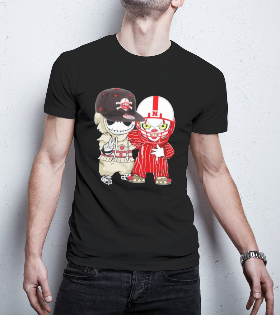Baby Jack Skellington And Pennywise Nebraska Cornhuskers Halloween Characters T-Shirt
