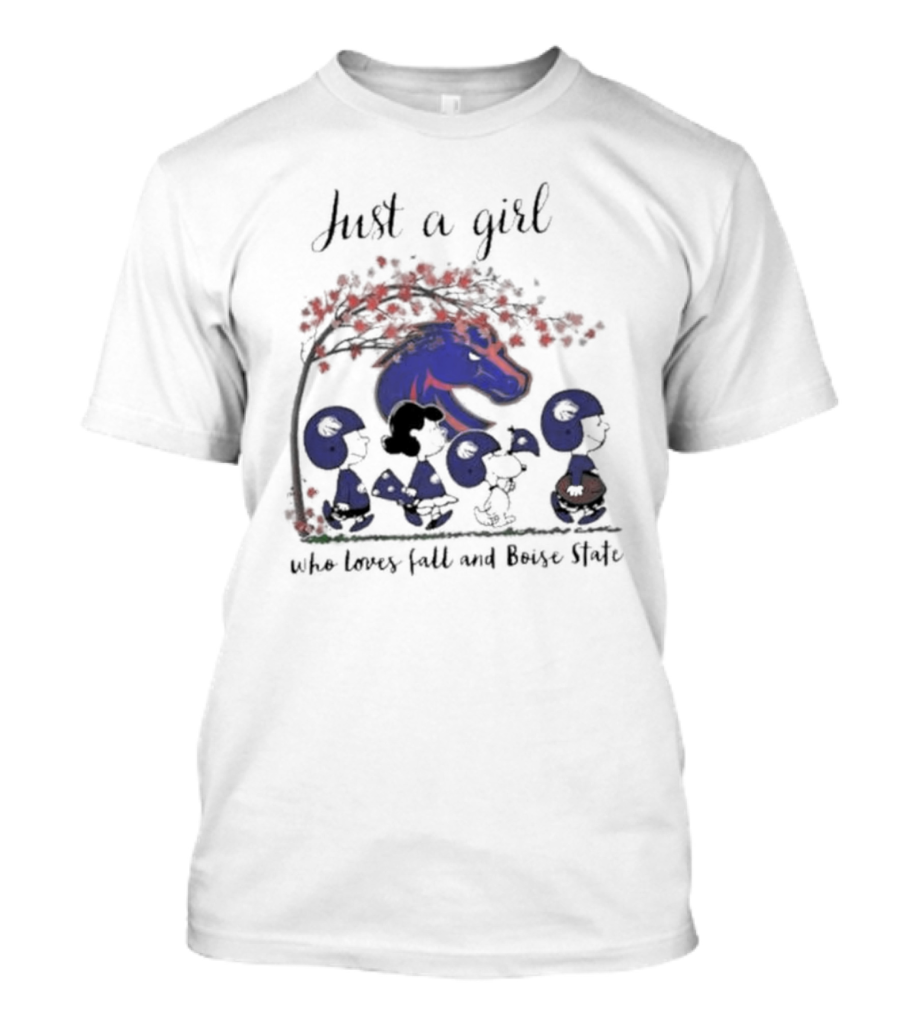 Just A Girl Who Loves Fall And Boise State Broncos Peanuts Snoopy Charlie Brown T-Shirt