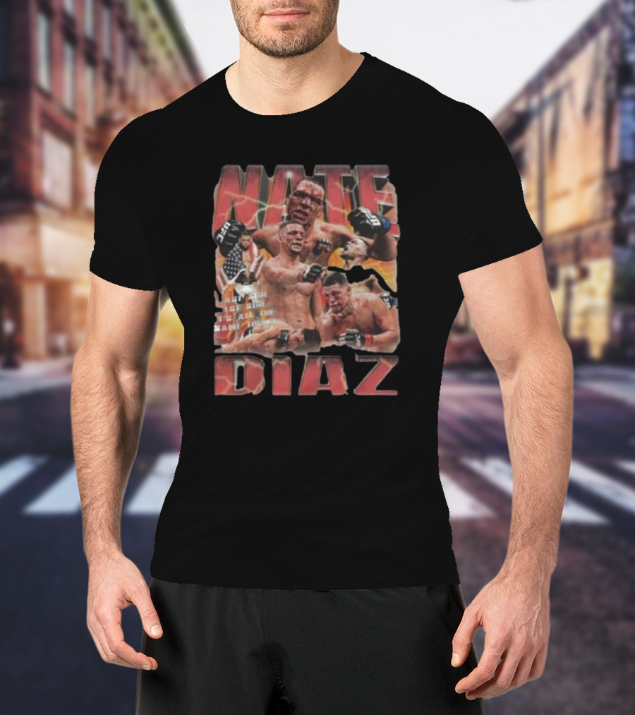 Nate Diaz MMA Fighter Collage With American Flag And Lightning T-Shirt