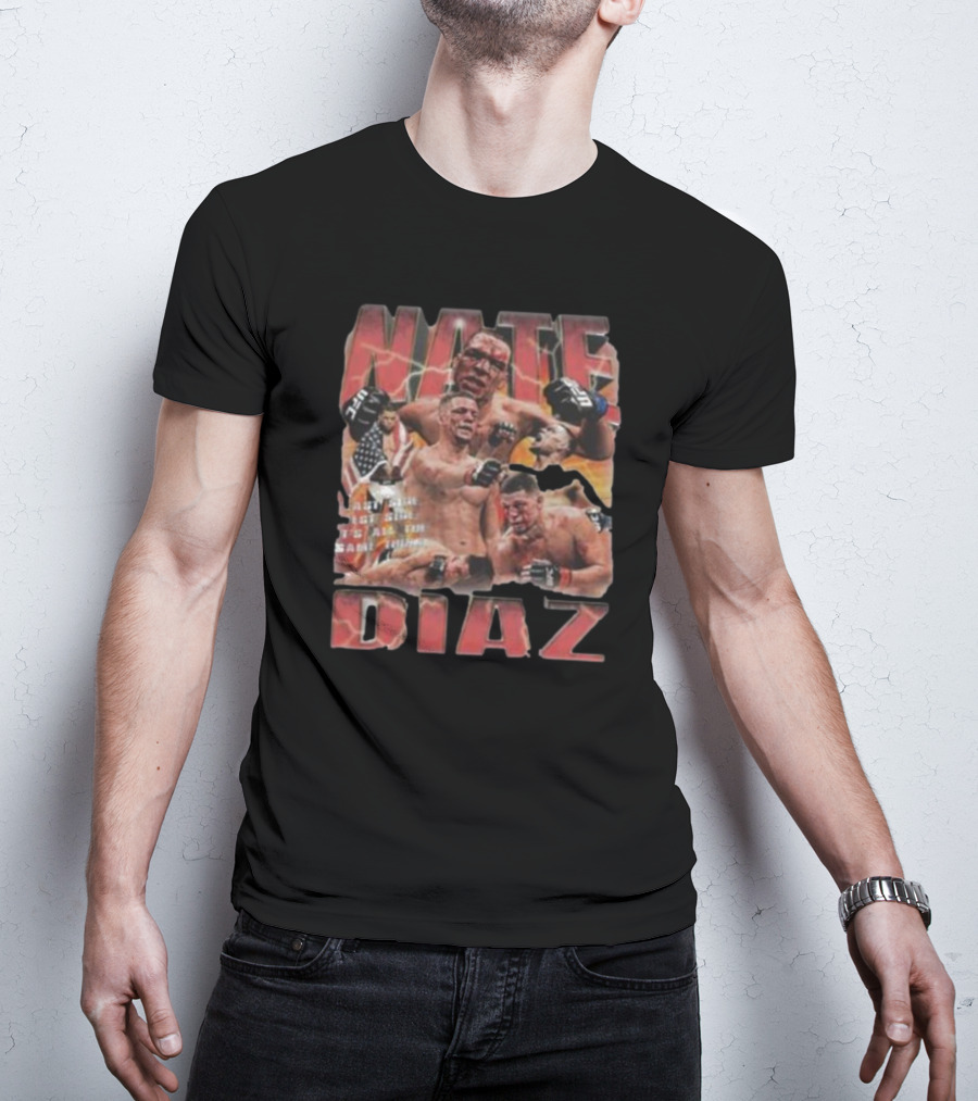 Nate Diaz MMA Fighter Collage With American Flag And Lightning T-Shirt