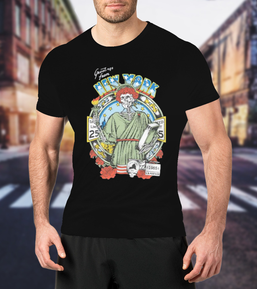 Greetings From New York Grateful Dead 1985 Skeleton Liberty Stamp United States T-Shirt