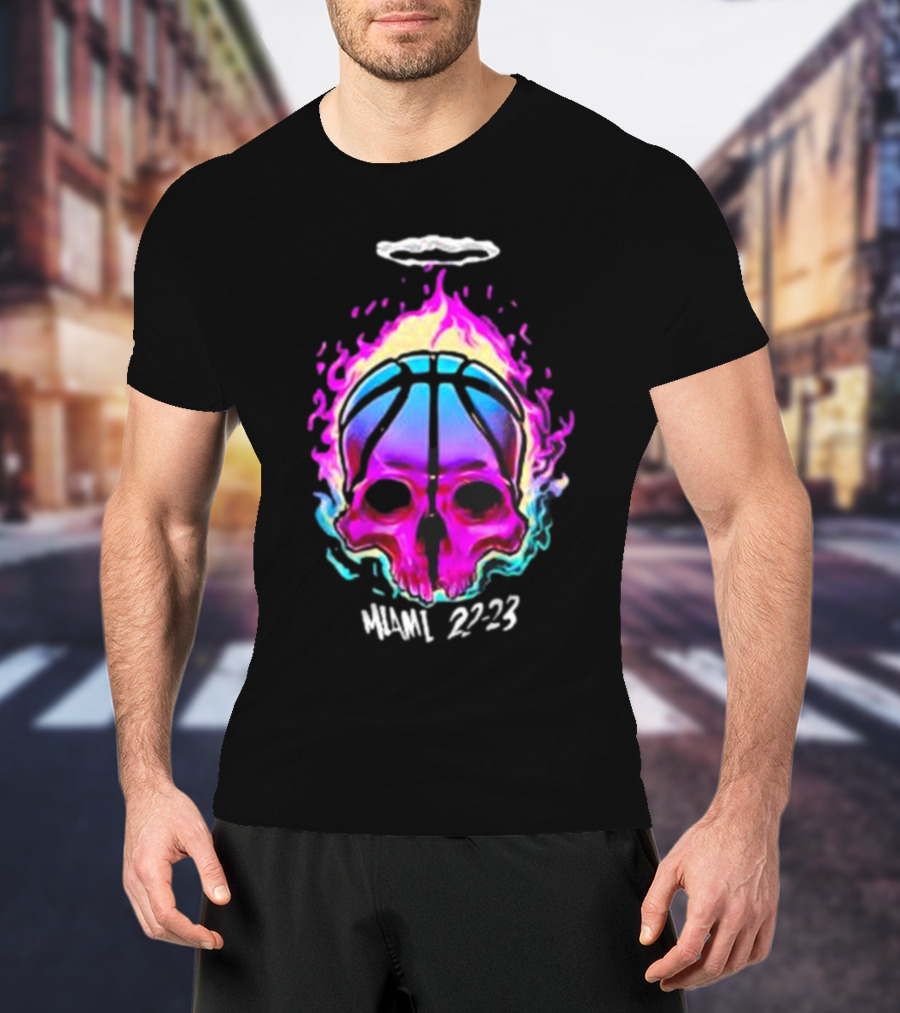 Kiwiclo Miami 22-23 Flaming Skull Basketball Halo T-Shirt