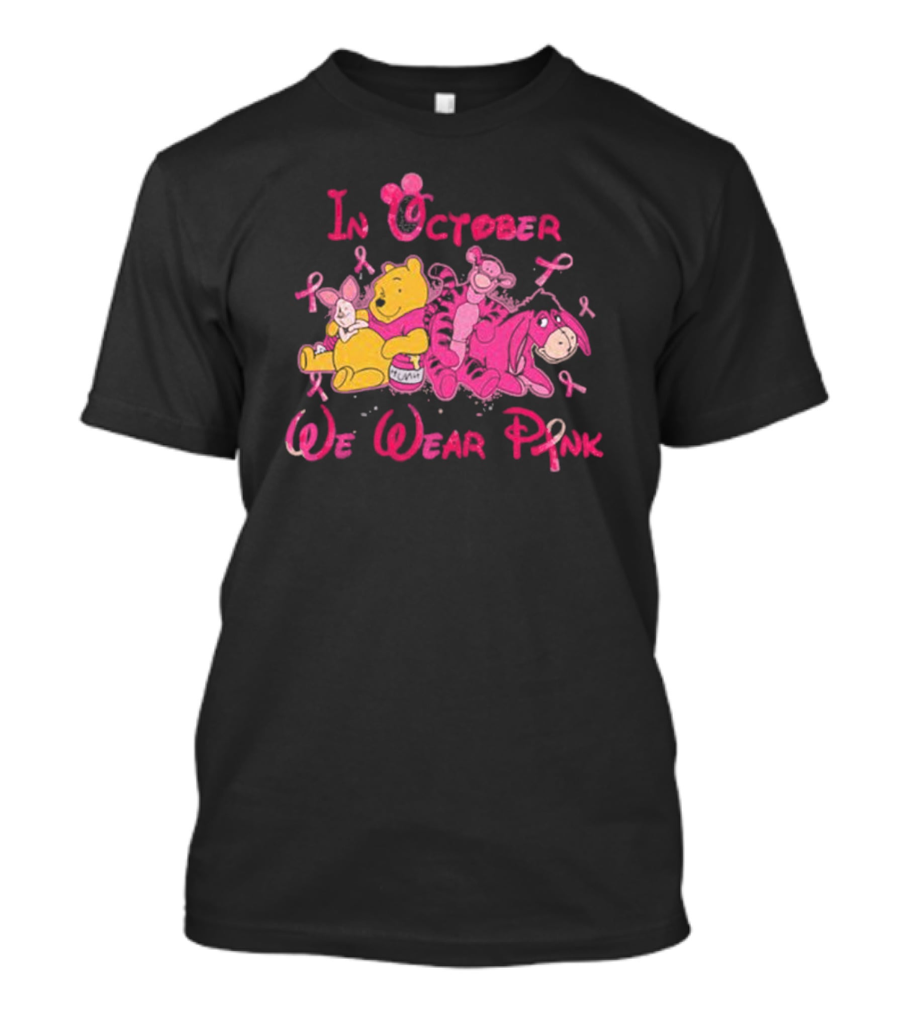 In October We Wear Pink Winnie The Pooh Eeyore Tigger Breast Cancer Awareness T-Shirt