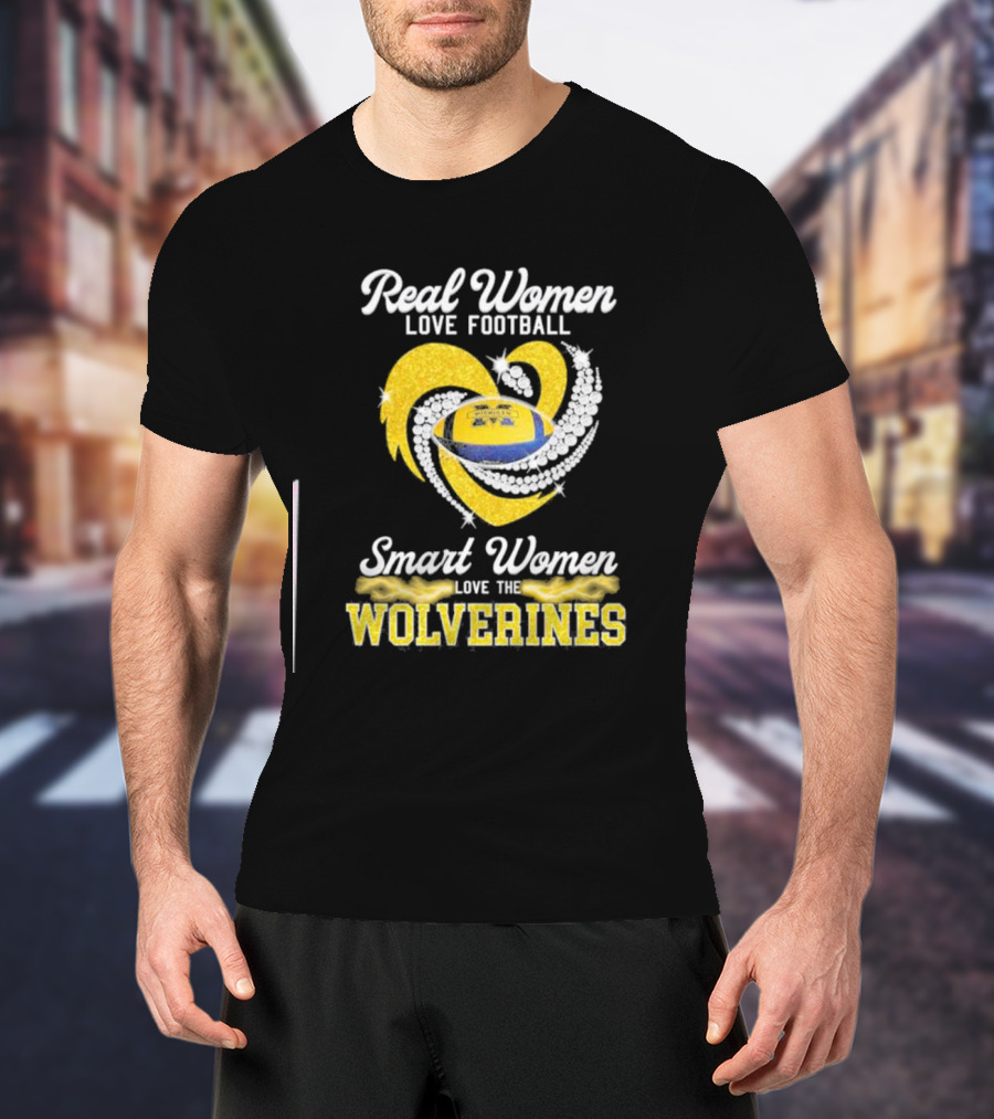 Real Women Love Football Smart Women Love The Wolverines Sparkling Heart Football T-Shirt