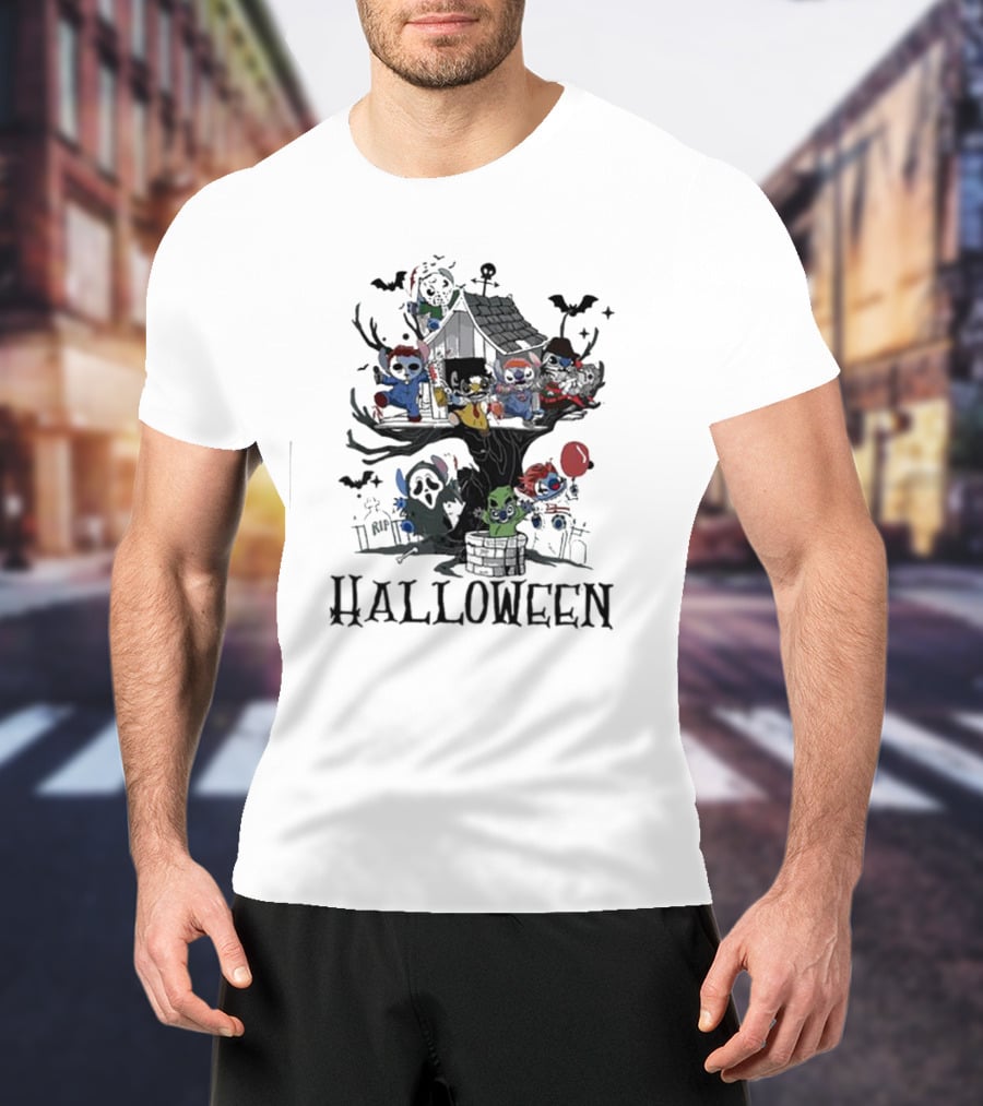 Halloween Stitch Horror Movie Characters Treehouse Scene T-Shirt
