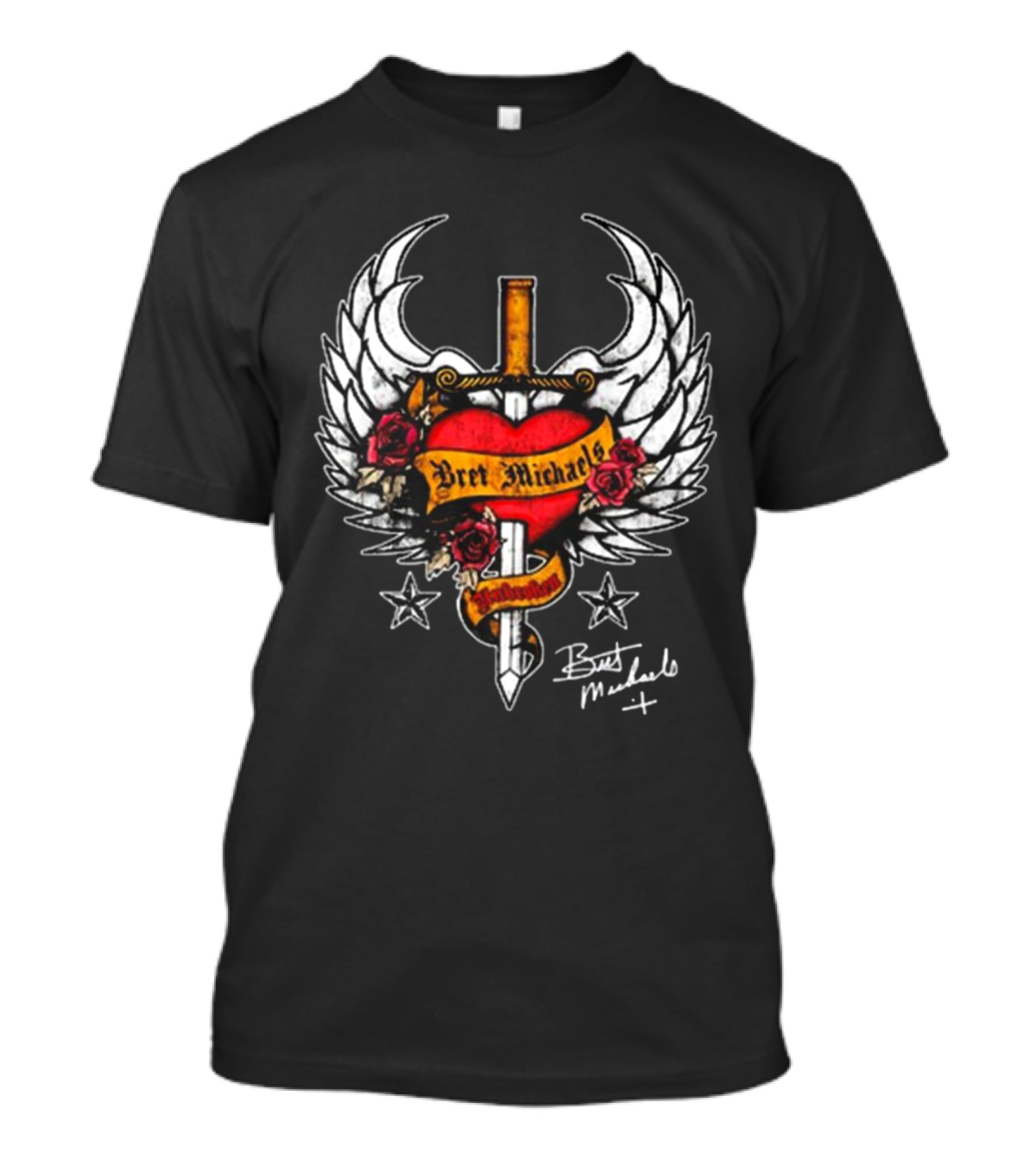 Bret Michaels Heart And Sword Winged Emblem With Roses And Stars T-Shirt