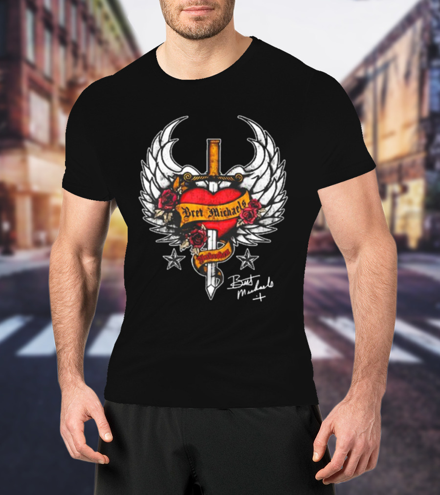 Bret Michaels Heart And Sword Winged Emblem With Roses And Stars T-Shirt