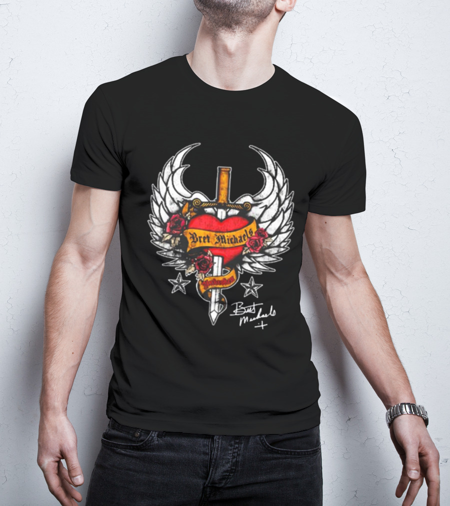 Bret Michaels Heart And Sword Winged Emblem With Roses And Stars T-Shirt