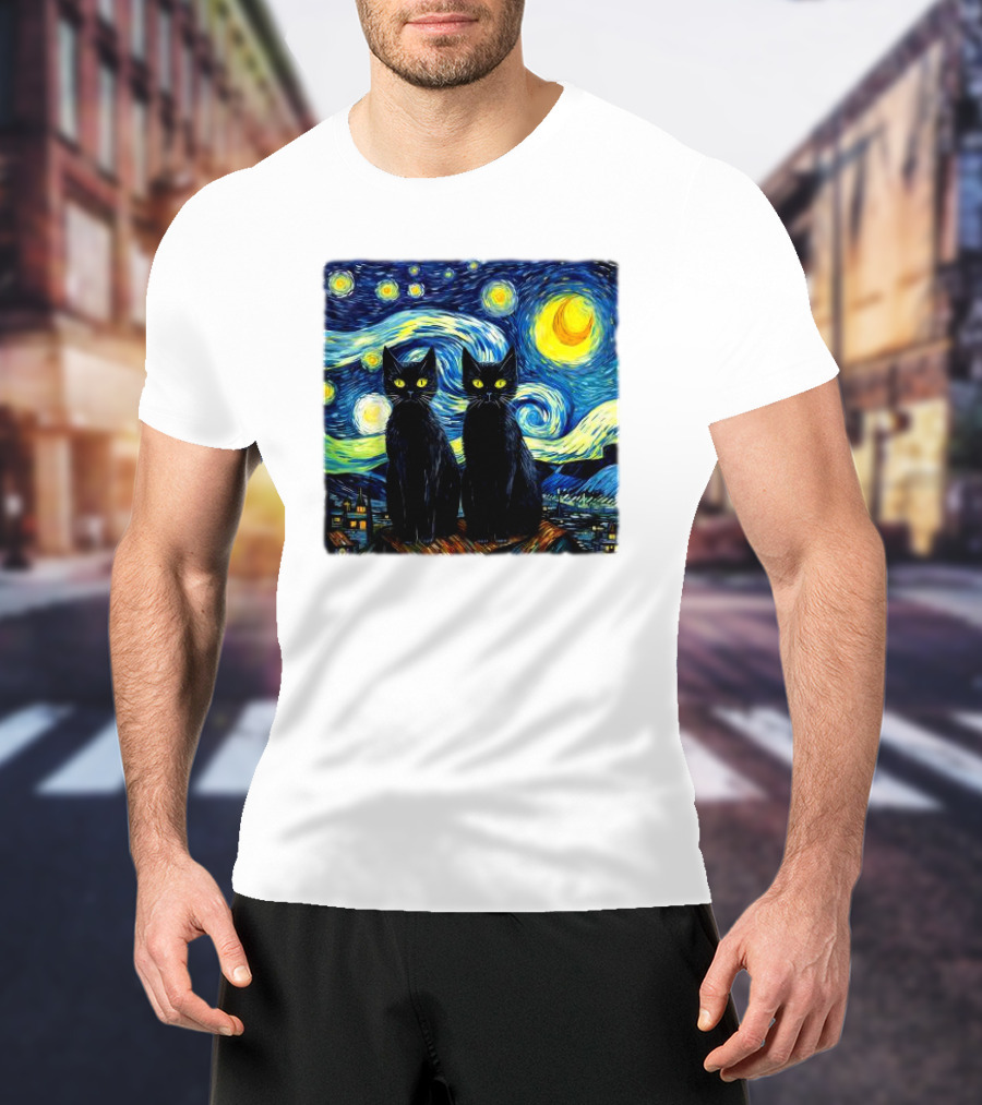 Black Cats Starry Night Vincent Van Gogh Painting Fusion T-Shirt