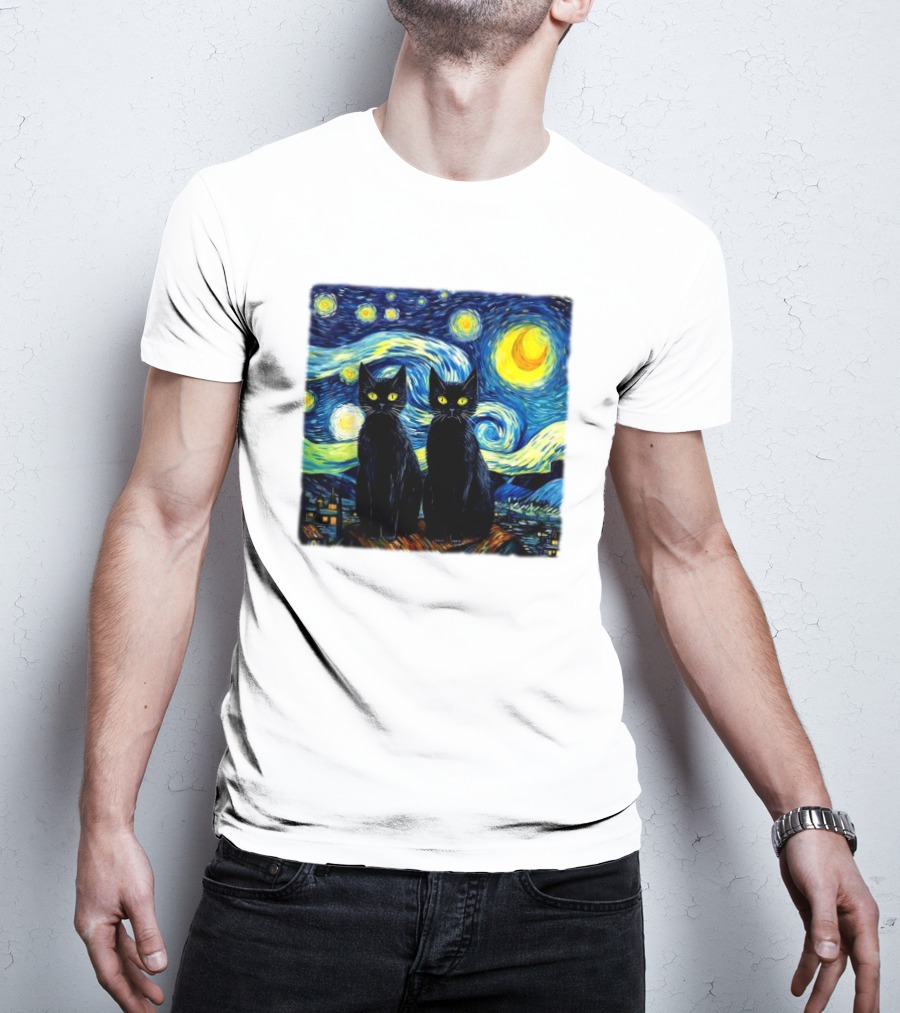 Black Cats Starry Night Vincent Van Gogh Painting Fusion T-Shirt
