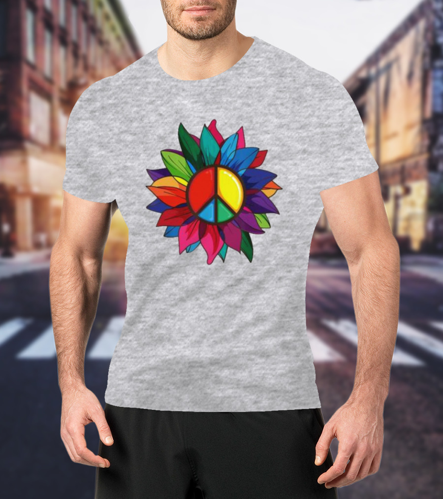 Hippie Rainbow Peace Sign Colorful Flower T-Shirt