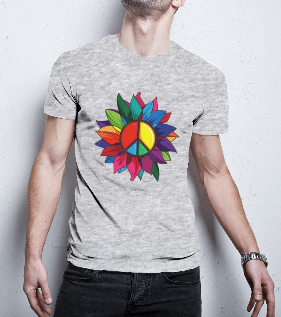 Hippie Rainbow Peace Sign Colorful Flower T-Shirt