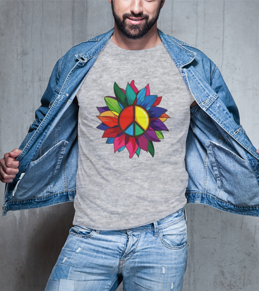 Hippie Rainbow Peace Sign Colorful Flower T-Shirt