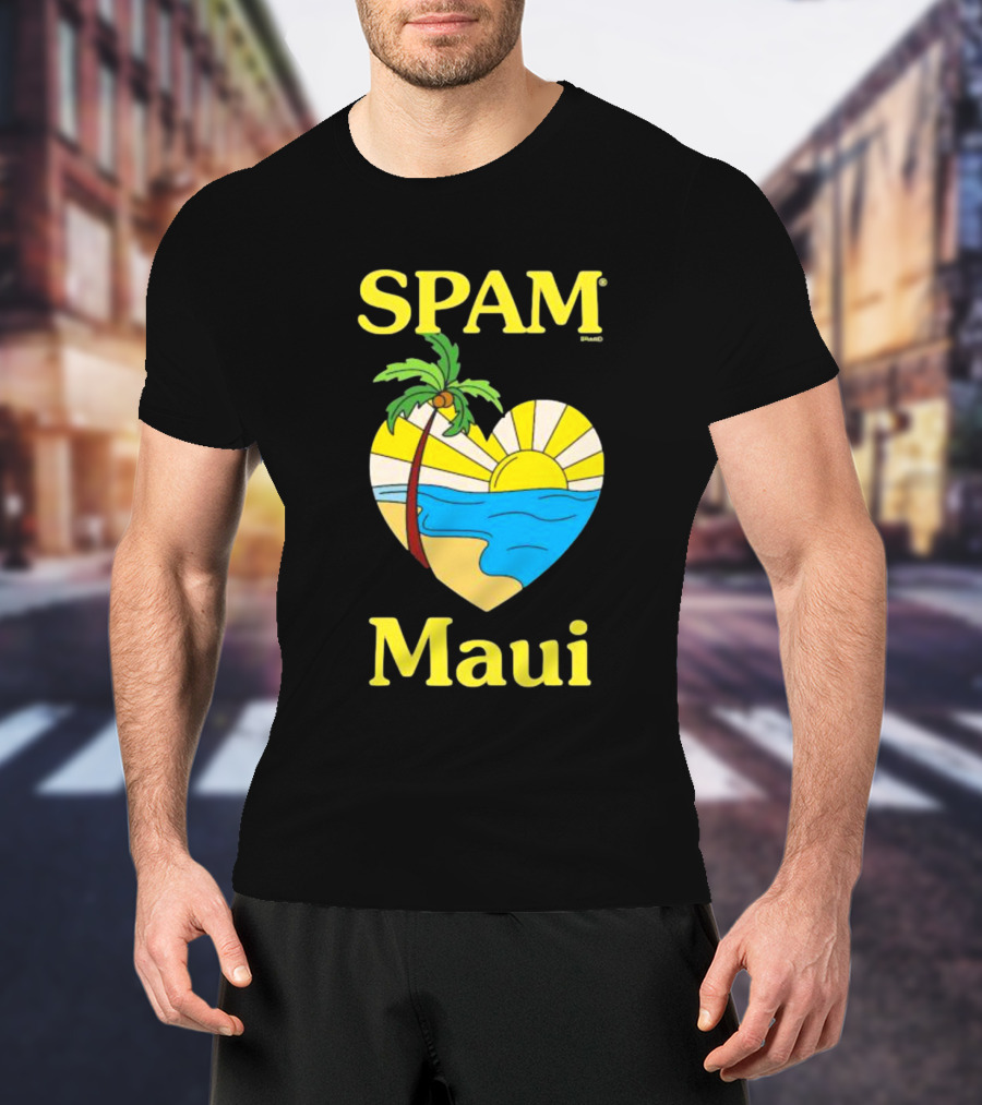SPAM Brand Maui Heart Beach Sunset And Palm Tree T-Shirt