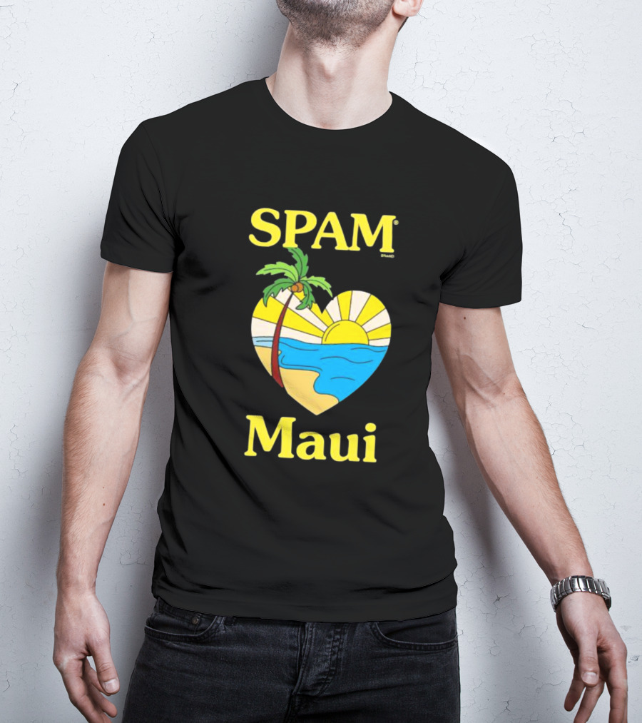 SPAM Brand Maui Heart Beach Sunset And Palm Tree T-Shirt