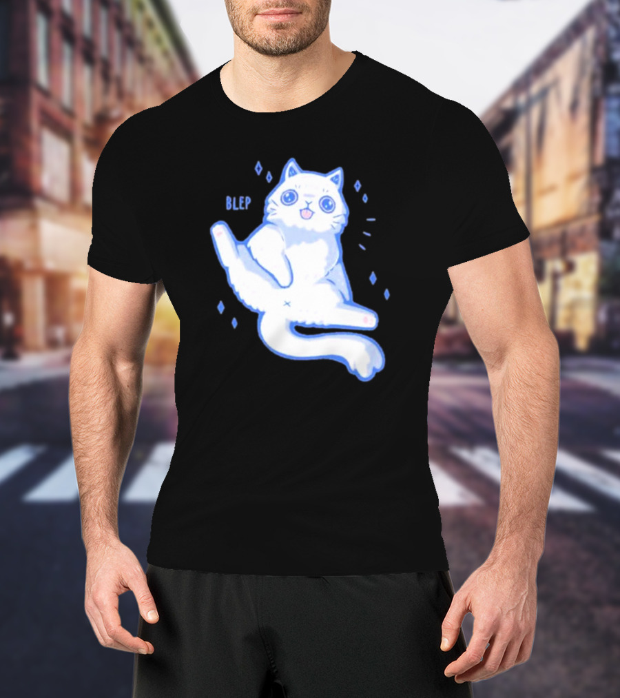 Xmorfina Blep Cute Cat With Tongue Out In Blue And White Cartoon T-Shirt