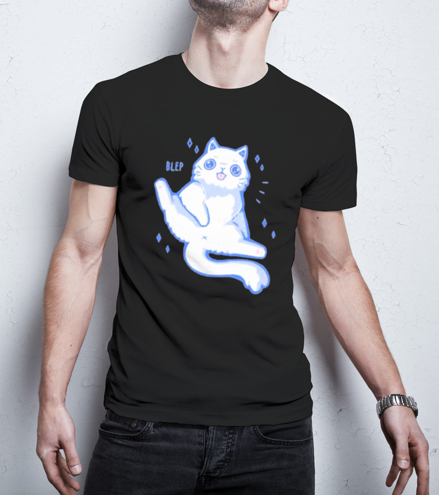 Xmorfina Blep Cute Cat With Tongue Out In Blue And White Cartoon T-Shirt